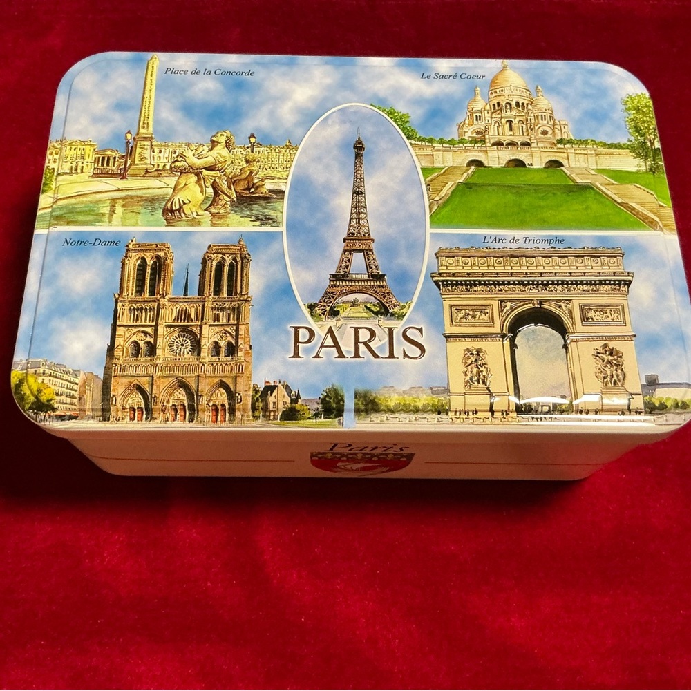 Collectible Metal Box Raised Relief Color Images of 5 Paris Landmarks Hinged Lid